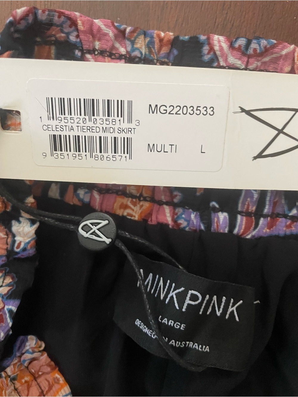 MINKPINK | Celestial Paisley Tiered Midi Skirt in Navy and Pink | Size Large NWT - Picture 2 of 11